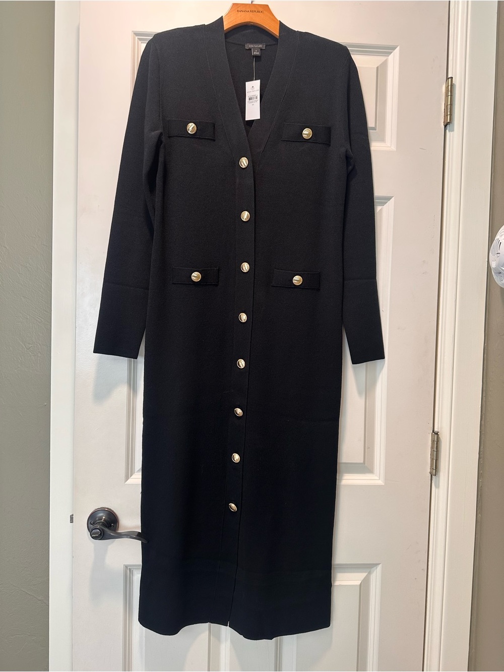 Ann Taylor Long Black Button-Front Knit Dress with Gold-Tone Buttons